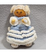 Vintage Handmade Crafted Crocheted Doll 4.5&quot; Blue-White Outfit - One Of ... - $12.10