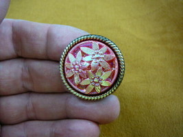 (#BR-187) Red poinsettia flowers flower Czech glass circle brass pin pendant - £17.03 GBP