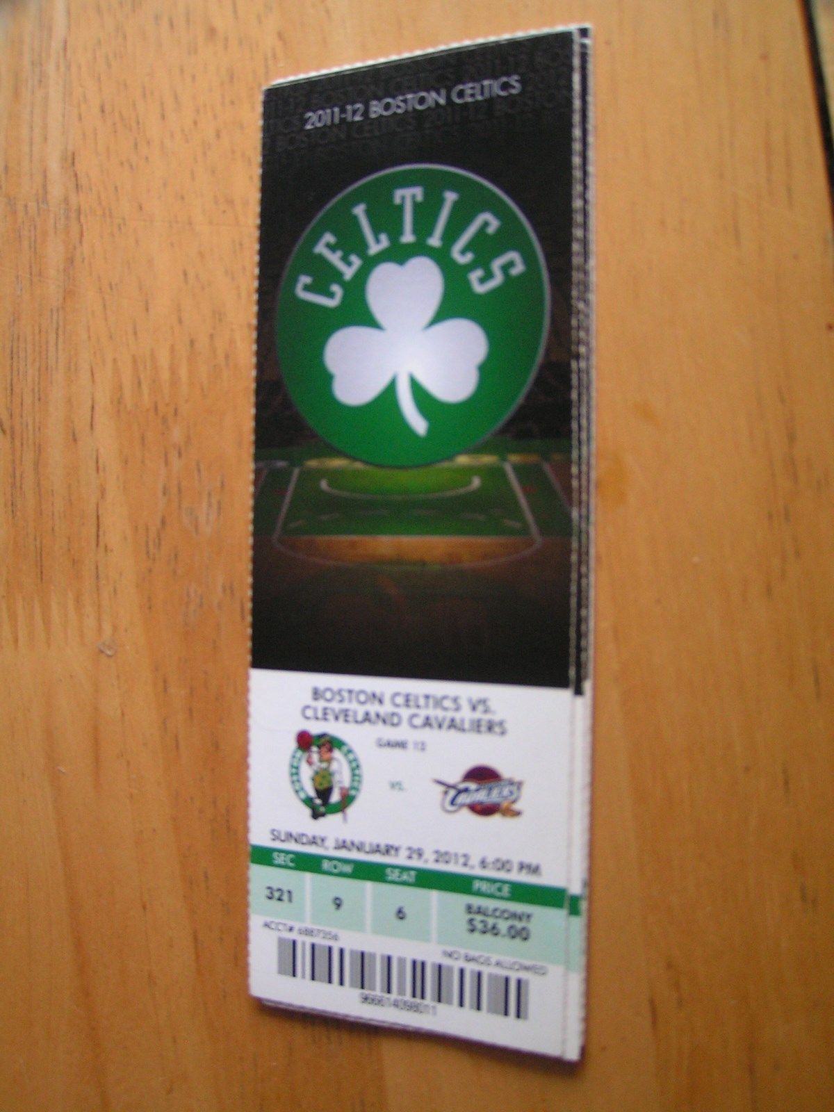 NBA Boston Celtics Full Unused Ticket Stub 1/29/12 Vs. Cleveland Cavaliers - $1.99