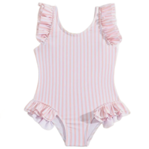 Blush Pink White Striped Swimwear Girl&#39;s Size 5/6 Ruffle Straps Swimsuit... - $14.00
