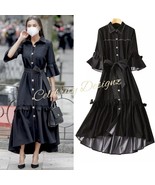 Queen Letizia Inspired Black Denim-Like Tiered Shirt Dress with Asymmetr... - $109.99