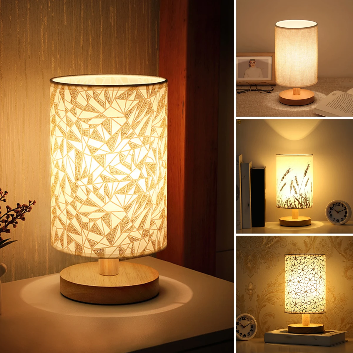 Linen Table Lamp LED Linen Night Lamp w/Warm White Light Nightstand Lamp Wooden - £8.86 GBP+