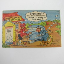 Linen Postcard Comic Police Officer Stop Speeding Car Lady in Restroom Vintage - £4.78 GBP