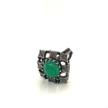 Vintage Sterling Silver Handmade Art Deco Cabochon Chrysoprase Etch Ring 6 1/2 - £38.68 GBP