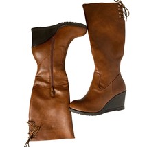 Vepose Faux Leather Knee High Boots 7 Brown Wedge Heel Platform New in Box - £36.77 GBP