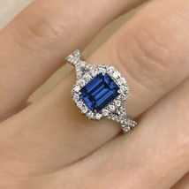 Emerald Cut 2.40Ct Lab Created Blue Sapphire Halo Ring 14K White Gold Si... - £195.29 GBP