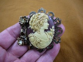 (CL14-30) NOBLE Lady woman ivory burgundy CAMEO flower brass Pin Pendant brooch - £29.85 GBP