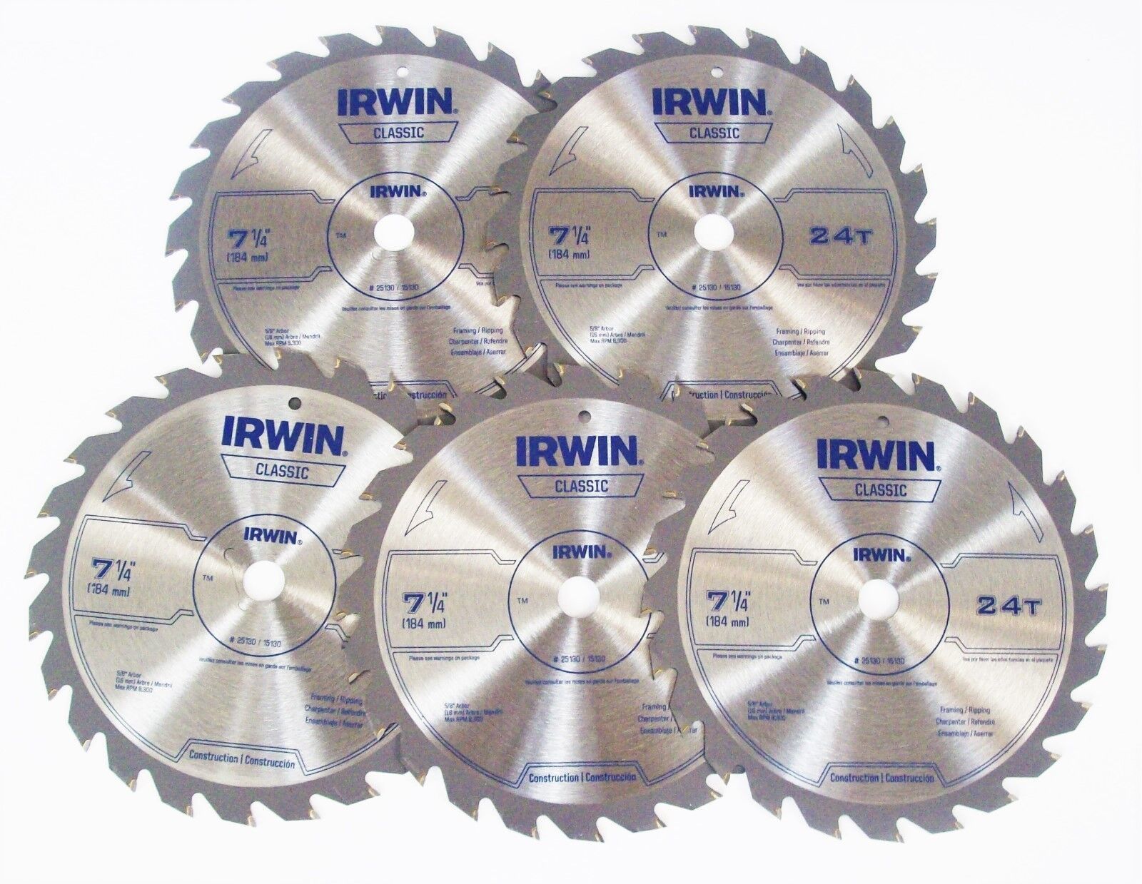 5 IRWIN CLASSIC 7-1/4" CARBIDE TIPPED CIRCULAR SAW BLADES 24T 24 TOOTH FRAMING - $54.99