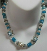 Vintage Ceramic Turtle Necklace Blue Glass, Rhinestone, Faux Pearl, Bead - £35.30 GBP