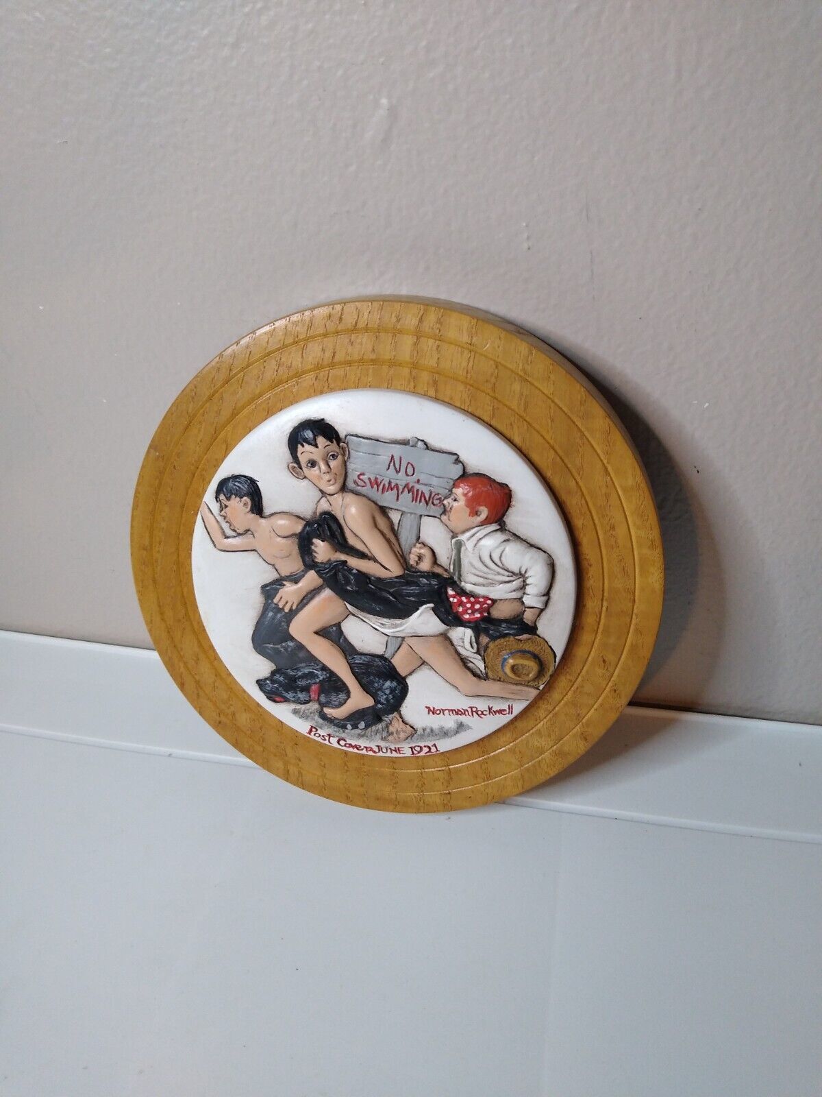 Vintage No Swimming Norman Rockwell Ceramic And Wood Round Wall Hanging - $39.99