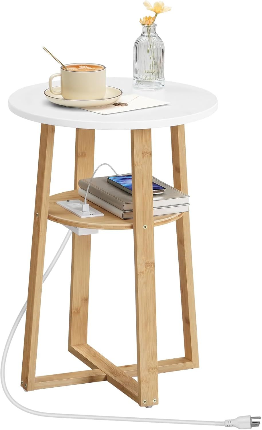 Hoobro Round Side Table With Charging Station, Round Accent End Table With - $59.95