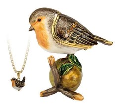 Robin Bird Trinket Box Pewter Enamel Hidden Treasures incl Pendant - £37.76 GBP