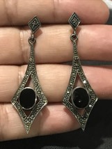 Sterling Silver Marcasite Onyx  Dangle  Earrings - £39.97 GBP