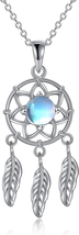 Dream Catcher Lotus Flower Necklace Sterling Silver Moonstone Feather Pendant Dr - £37.18 GBP