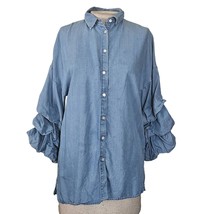 Zara Puffed Ruffle Tiered Sleeve Chambray Shirt Small - £19.46 GBP