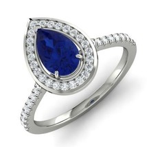 Certified 1.75CT Pear Cut Sapphire &amp; Diamond Halo Engagement Ring 14K White Gold - £228.10 GBP