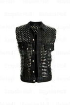 New Men&#39;s Black Silver Spiked Studded Punk Rock Cowhide Biker Leather Vest-696 - £300.25 GBP