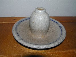 Vintage Blue &amp; Gray Salt Glaze Pottery Bulbous Candle Candlestick Holder... - $8.59