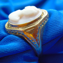 Antique Victorian Deco Ring Solid Gold Intaglio Portrait Coral Cameo Size 6.5 - $1,610.25