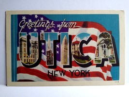 Greetings From Utica New York Postcard Large Big Letter City Linen US Flag NY - £8.26 GBP