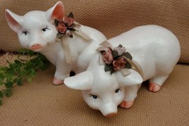 2 Vintage porcelain Ceramic Pigs Piglets Wearing Floral collars Made In Taiwan - £29.15 GBP
