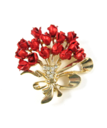 15 Red ROSES BOUQUET BROOCH Vintage Pin Rhinestones CHRISTMAS  Goldtone ... - $22.76