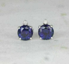 14K White Gold Plated 2Ct Round Simulated Blue Sapphire Solitaire Stud Earrings - £94.13 GBP