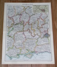 1912 Original Antique Map Of Central England London Hampshire Surrey Birmingham - £14.15 GBP