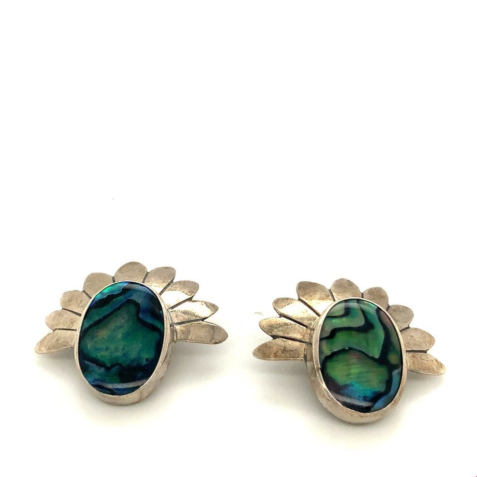 Primary image for Vintage Sterling Signed LEX Navajo Concho Fan Abalone Shell Clip On Earrings