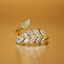 Dainty CZ Leaf Open Ring, Gold Adjustable Ring - £7.29 GBP
