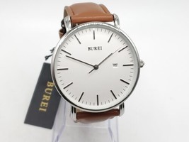 Burei Watch Men&#39;s With Tag Silver Tone Brown Leather Band 40mm - £19.63 GBP