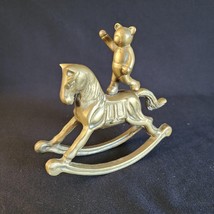 Vintage Brass Toy Teddy Bear Standing &amp; Waving On Rocking Horse Pony Figurine - $19.79