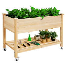 Raised Garden Bed Wood Elevated Planter Display Bed w/Shelf on Wheels Natural - £152.00 GBP