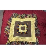 Handmade Crochet Granny Square Afghan Blanket 30x30” Retro Fringe Boho Cozy - $48.21 CAD