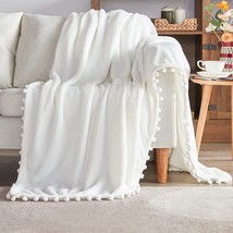 BEAUTEX Fleece Throw Blanket with Pompom Fringe, White Flannel Blankets and - £30.25 GBP