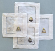 Sferra Cocktail Napkins Celebration Cake Embroidery 6x6 Linen wHemstitch... - $29.90
