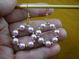 EE802-13) Mauve pink 8mm beaded pearlized glass hoop dangle circle gold earrings - £26.14 GBP