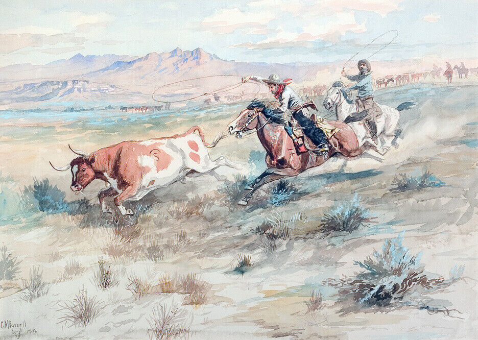 Primary image for Framed canvas art print giclée the bolter cowboys roping a cow steer