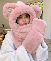 Pinky Bear Plush Handwarmer Scarf Hat Combo - £28.03 GBP