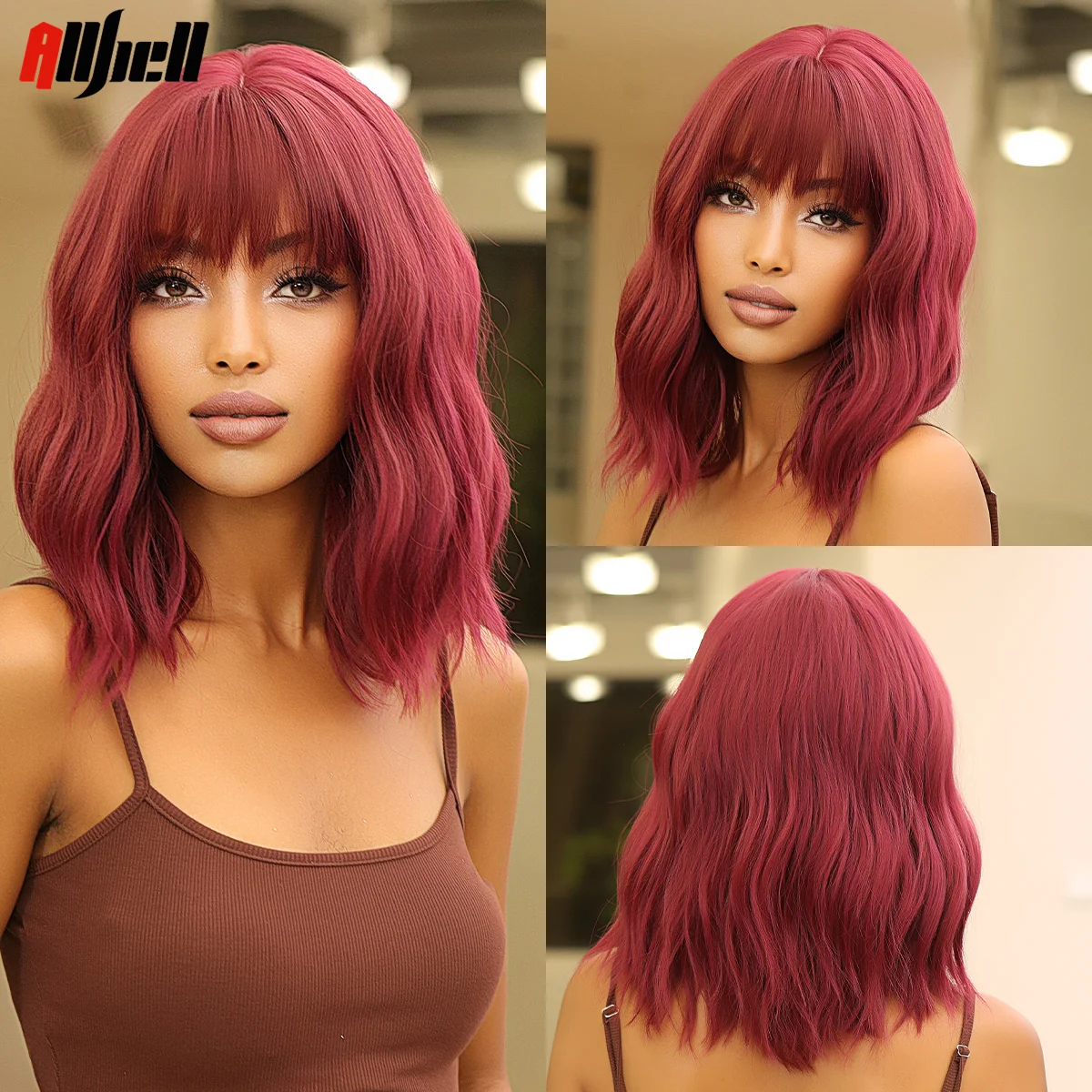 Wine Red Short Wavy Synthetic Wigs with Bangs Bob Water Wave Wig Shoulder Leng - £17.13 GBP+