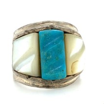 Vtg Sterling Sign AB Navajo Native American Inlay MOP Turquoise Ring Ban... - $1,790.66 MXN
