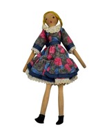 Vintage Shackman Wooden Peg Doll Floral Dress Dollhouse Early American B... - €16,71 EUR