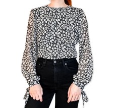 Topshop Women&#39;s Floral Long Sleeve Balloon Sleeve Blouse White &amp; Black S... - $9.50