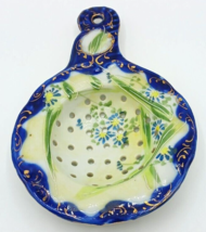 Vintage Porcelain Tea Strainer Cobalt Blue Gold Floral 6&quot;Lx4.25&quot;W - £19.73 GBP