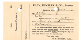 1912 antique Ealy Hinkley &amp; Co Bankers Draft Fairgrove Michigan Signed - £15.19 GBP