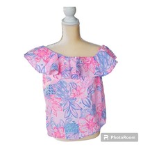 Lilly Pulitzer Zeldie One Shoulder Ruffle Top Pink Isle Snappy Turtle Sz M - $52.95