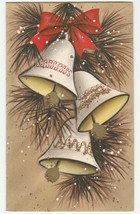 Vintage Christmas Card Bells Glitter Red Bow 1960's Hallmark Tan Background - $7.91