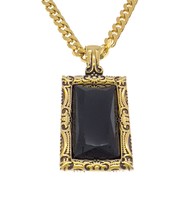 Square Black Stone Pendant Necklace Men Gold Stainless Steel 32&quot; - £9.43 GBP