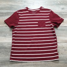 Tommy Hilfiger Mens Medium Short Sleeve Shirt Casual Sport Maroon Stripe... - $14.74