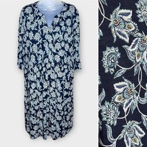 J. JILL Wearever Navy Floral Split Neck Relaxed fit 3/4 Sleeve Dress Med... - £25.88 GBP